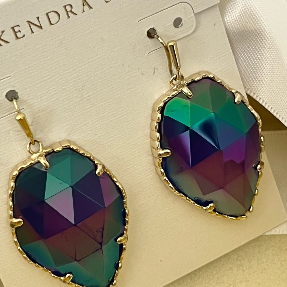 RARE & RETIRED Kendra Scott Corley Earrings Cobalt Iridescent Yellow Gold GORG! - Picture 3 of 13